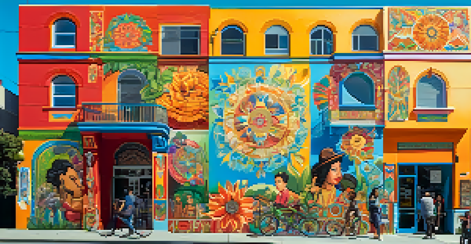 A colorful mural in the Mission District depicting Latino culture, with people admiring it under a clear blue sky.