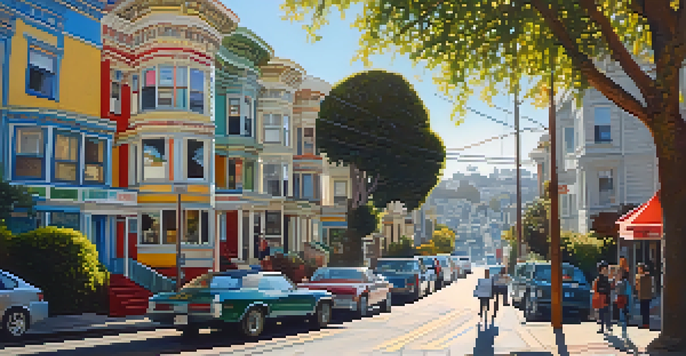 A lively street scene in Haight-Ashbury with colorful Victorian houses, murals, and diverse people enjoying the atmosphere.
