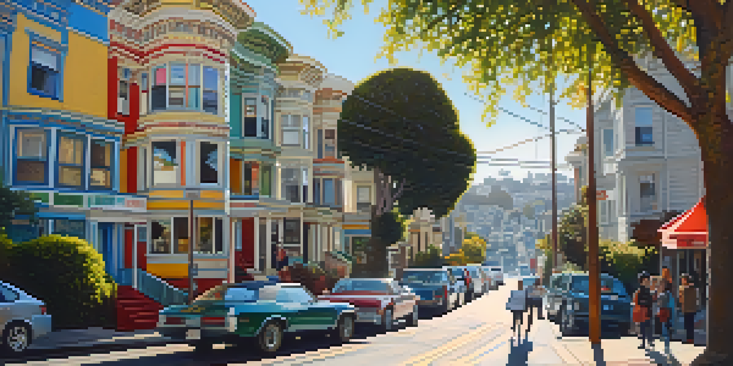 A lively street scene in Haight-Ashbury with colorful Victorian houses, murals, and diverse people enjoying the atmosphere.