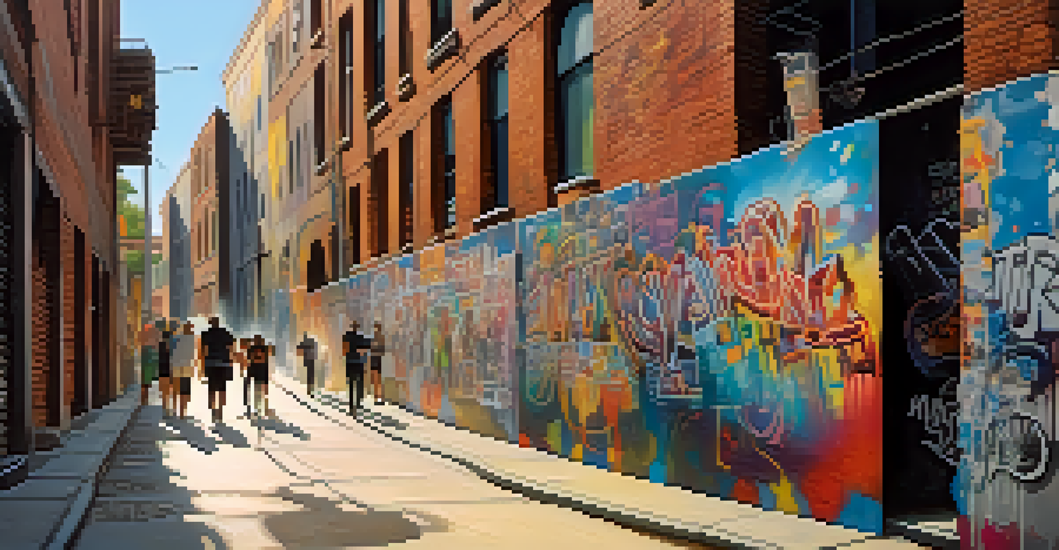 An alley with vibrant street art and graffiti, featuring artists working on a mural while a small crowd observes in soft afternoon light.