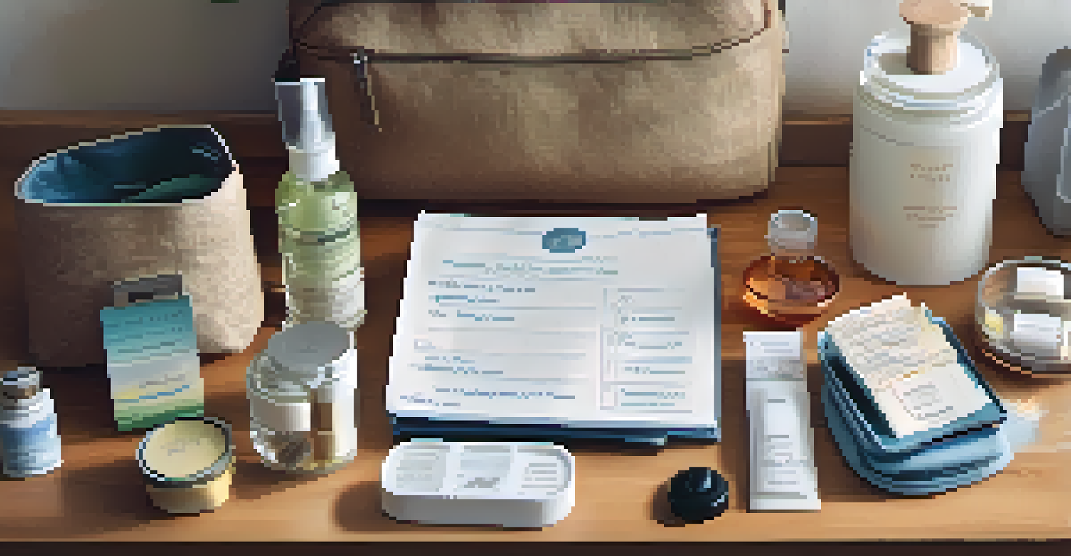 A packing list, travel documents, and travel-sized toiletries are arranged on a wooden table, illuminated by natural light.