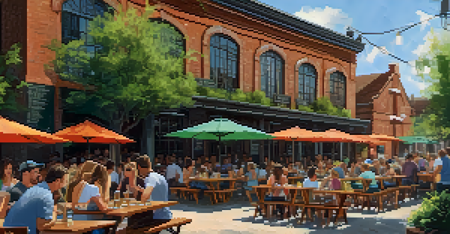Outdoor brewery patio with tables, umbrellas, and people enjoying craft beer in a sunny setting.