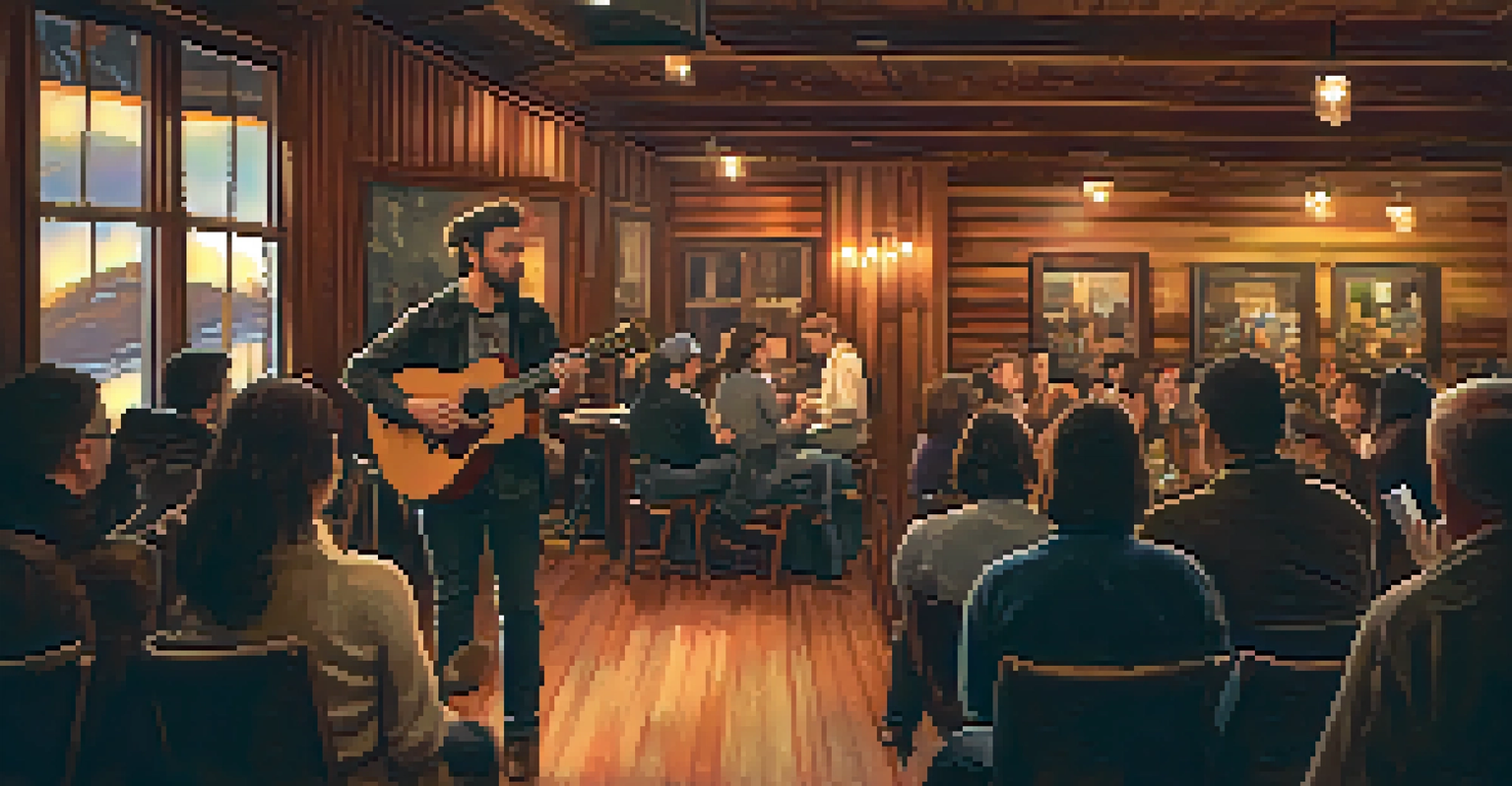 A solo acoustic guitarist performing in a small San Francisco venue, with warm lighting and an attentive audience.