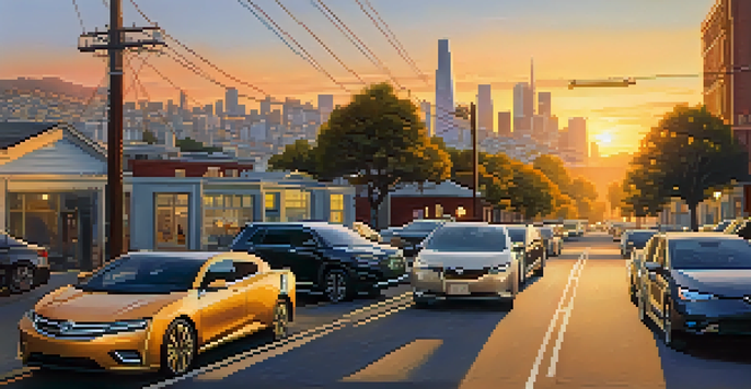 A view of San Francisco's skyline at sunset with electric vehicles parked along a street, and charging stations visible.