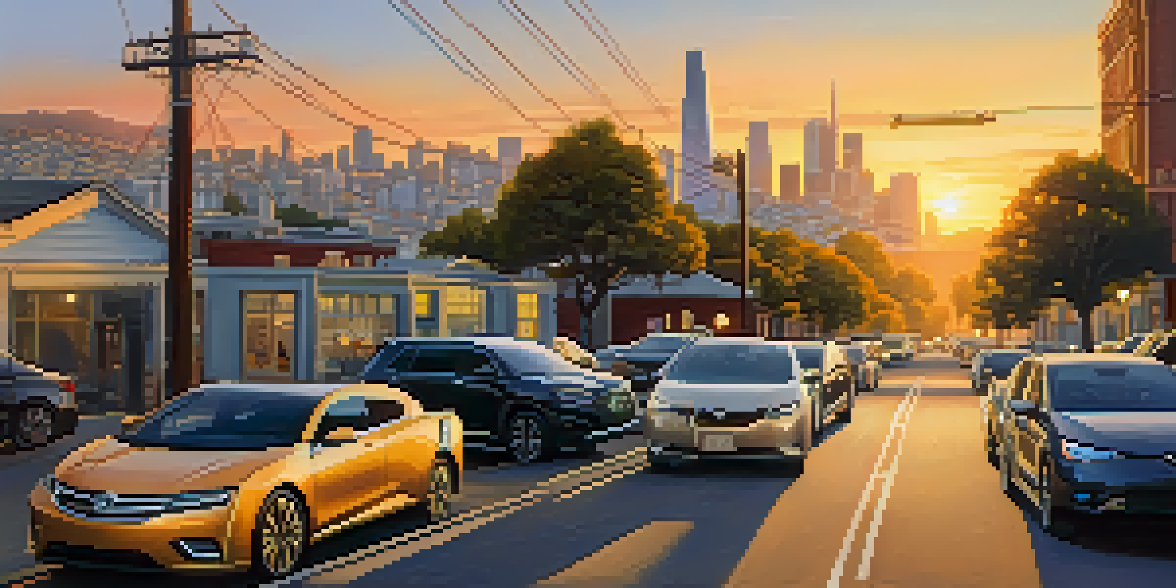 A view of San Francisco's skyline at sunset with electric vehicles parked along a street, and charging stations visible.