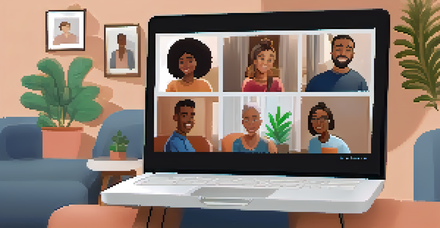 A laptop screen displaying a grid of diverse individuals participating in an online support group from a cozy home setting.