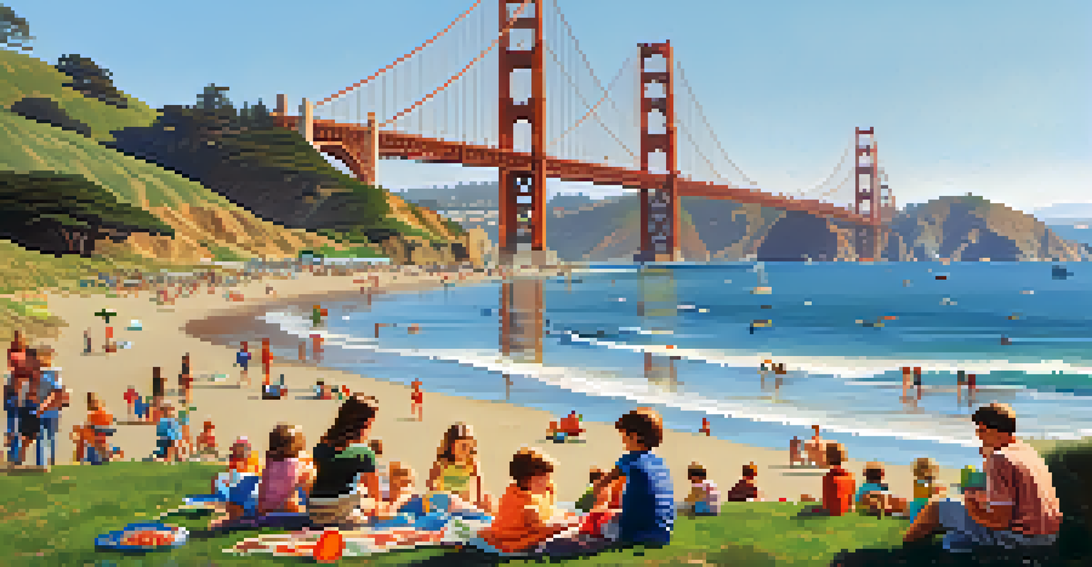 Families picnicking at Baker Beach with children playing in the gentle waves and the Golden Gate Bridge in the background.