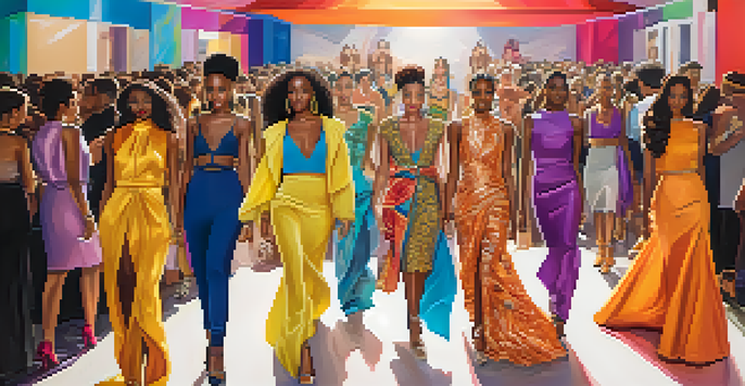 Models displaying diverse clothing styles on a runway at a local fashion event, with an enthusiastic audience in attendance.