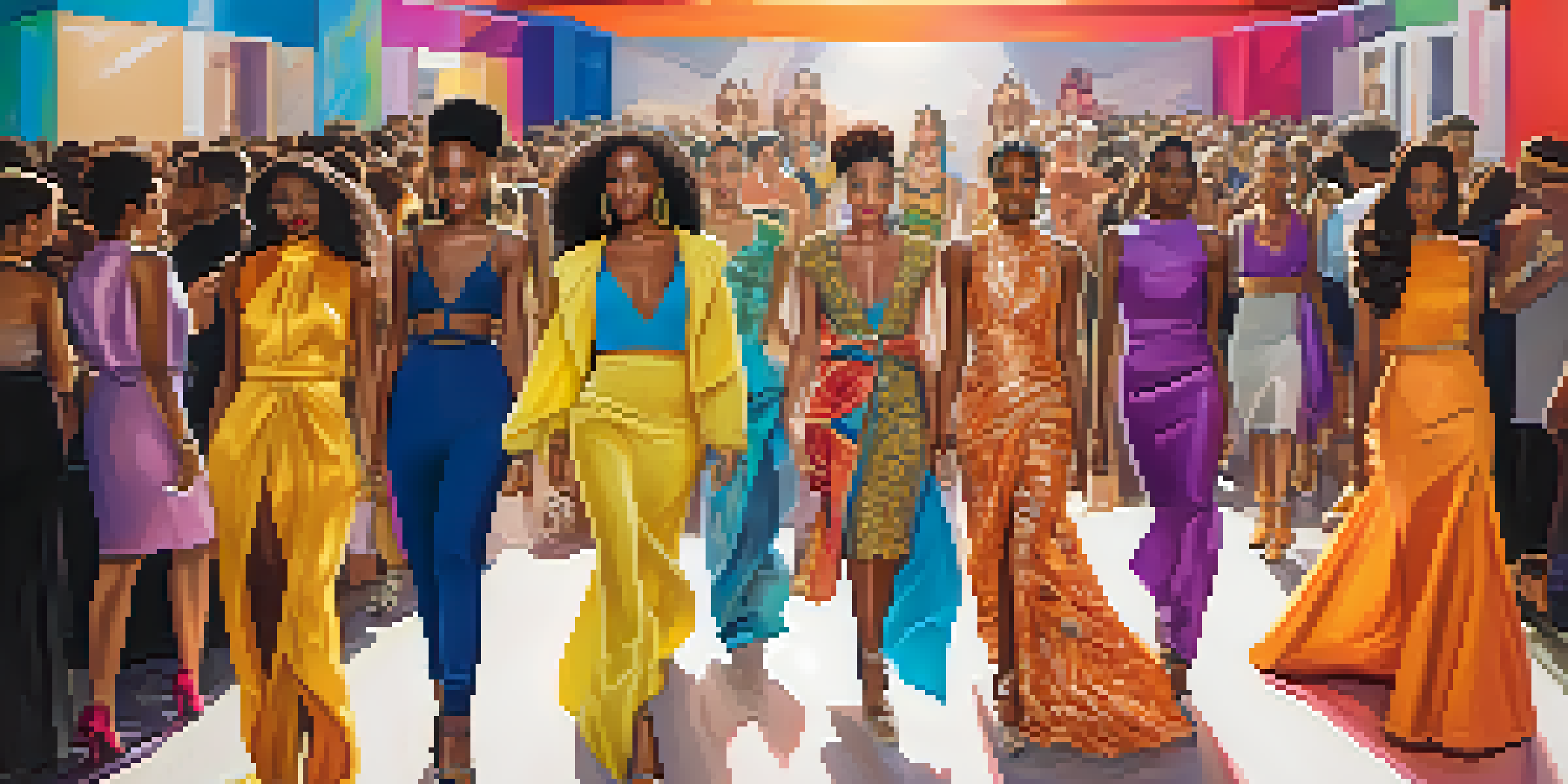 Models displaying diverse clothing styles on a runway at a local fashion event, with an enthusiastic audience in attendance.