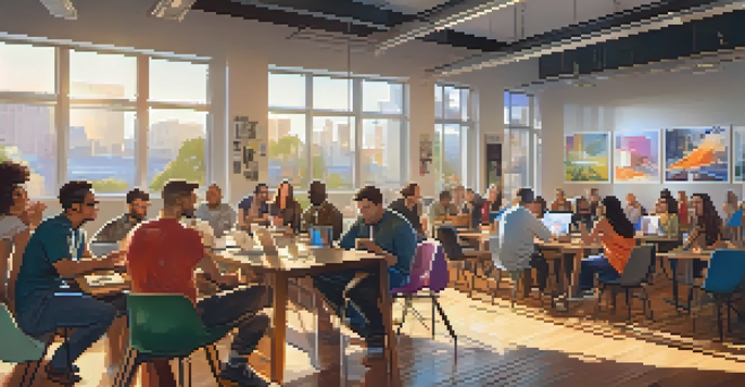 A diverse group of people interacting at a tech meetup in a well-lit urban space, with laptops and coffee cups on a table.