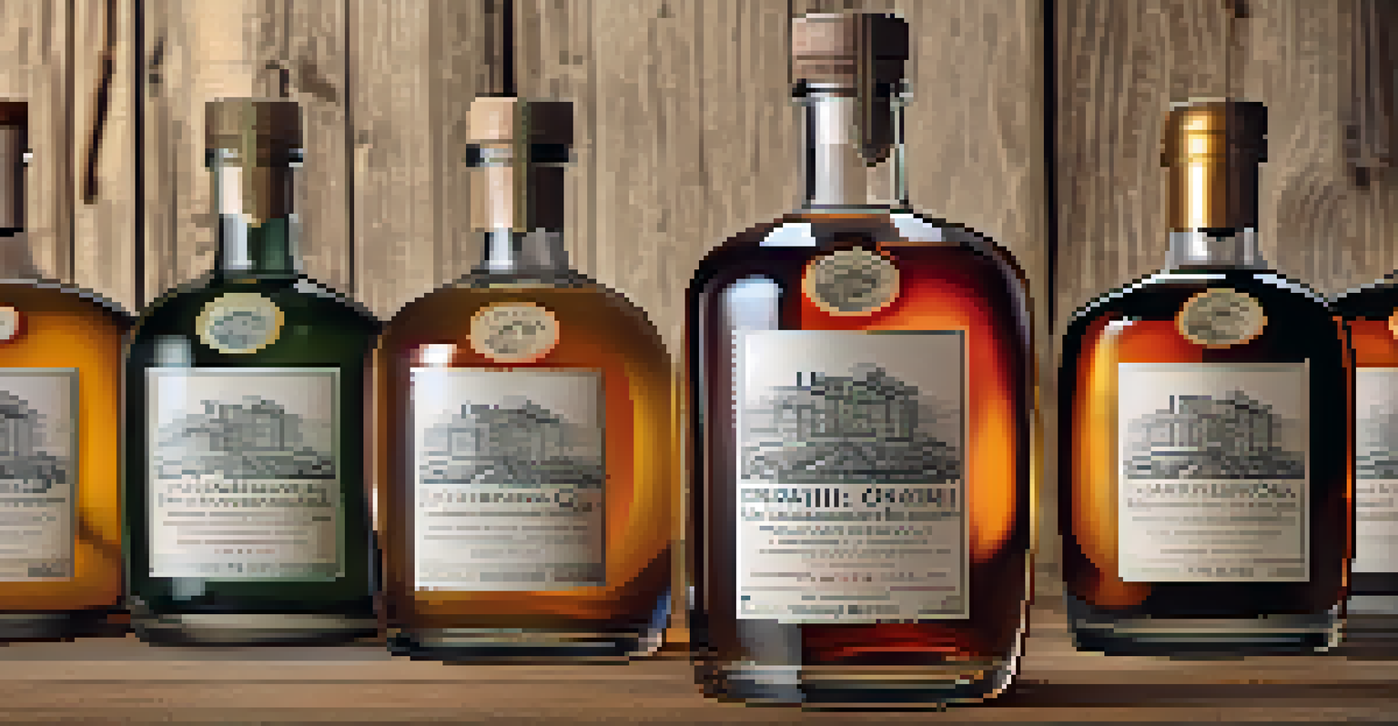 A close-up of a unique craft spirit bottle with intricate label design and rich liquid color.