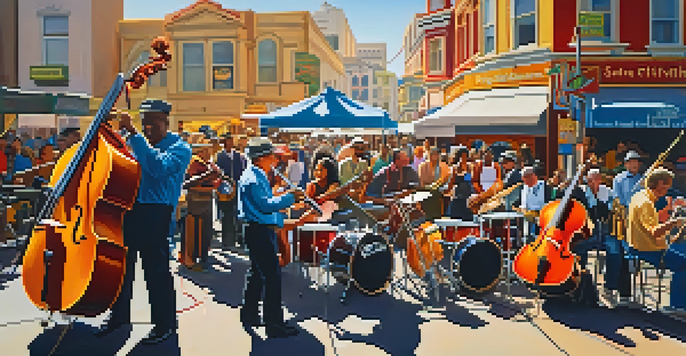 A lively street performance in San Francisco with musicians playing jazz, colorful street art, and the Golden Gate Bridge in the background.