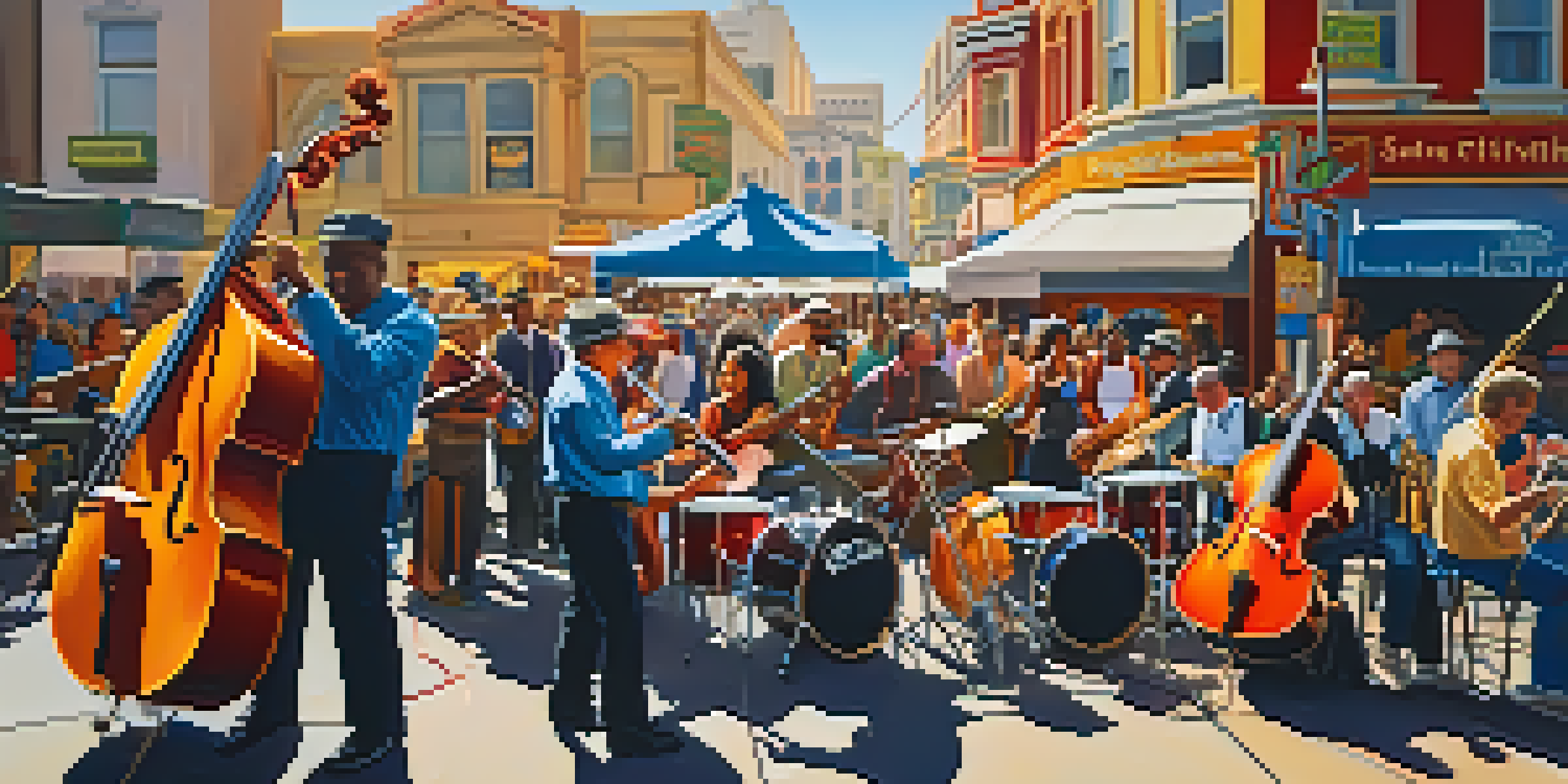 A lively street performance in San Francisco with musicians playing jazz, colorful street art, and the Golden Gate Bridge in the background.