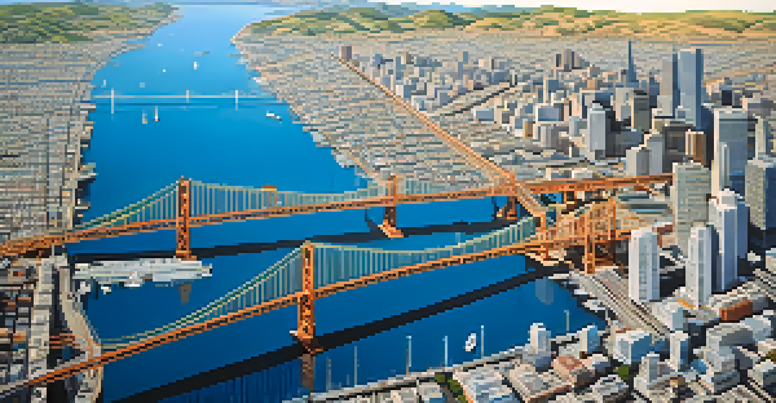 An aerial view of San Francisco Bay Area showing public transportation systems and the vibrant cityscape under clear blue skies.