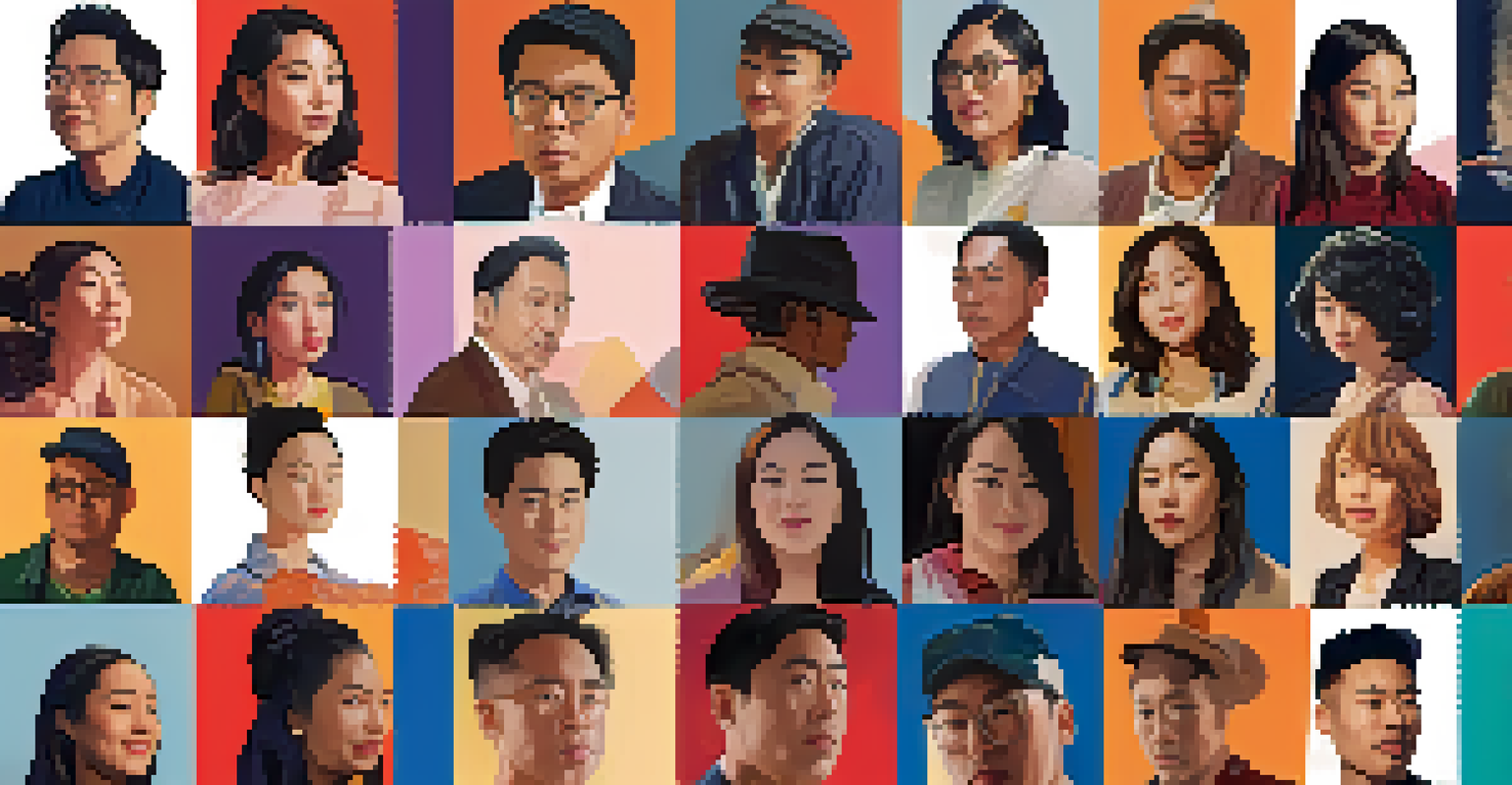 A montage of diverse Asian and Asian American filmmakers at CAAMFest, showcasing their films and engaging in discussions with vibrant posters in the background.