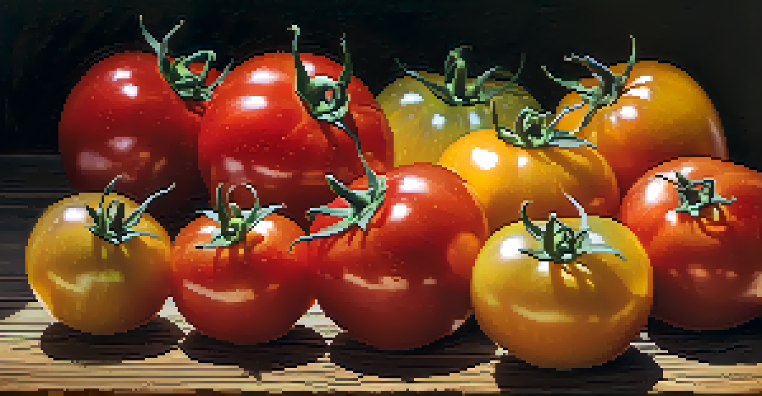 A close-up of colorful heirloom tomatoes on a wooden table, showcasing their freshness and variety.