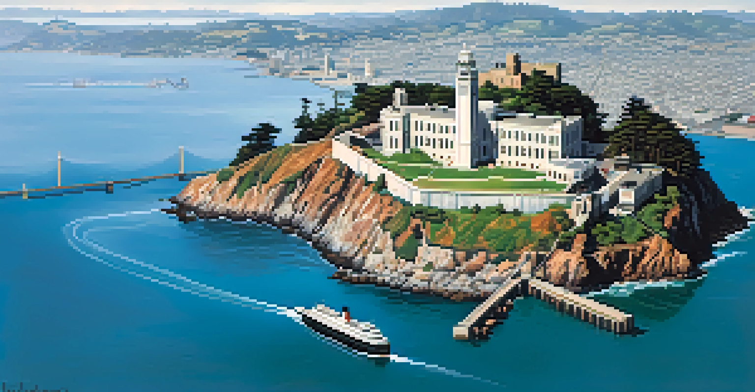 An aerial view of Alcatraz Island with the historic prison and surrounding waters, showcasing the San Francisco skyline in the background.
