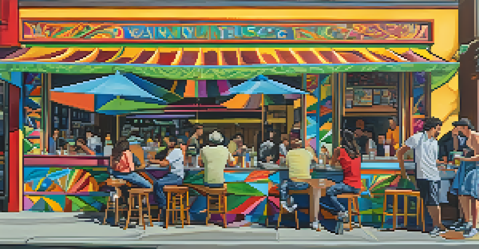 A colorful mural in the Mission District showcasing street tacos and fresh ingredients, surrounded by eateries and patrons enjoying meals.
