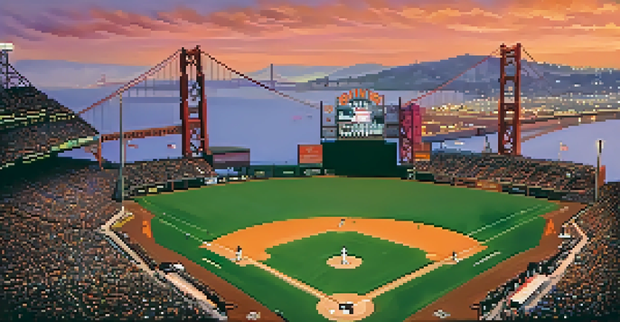 A colorful sunset at a San Francisco Giants baseball game, with fans in orange and black jerseys and the Golden Gate Bridge visible in the background.
