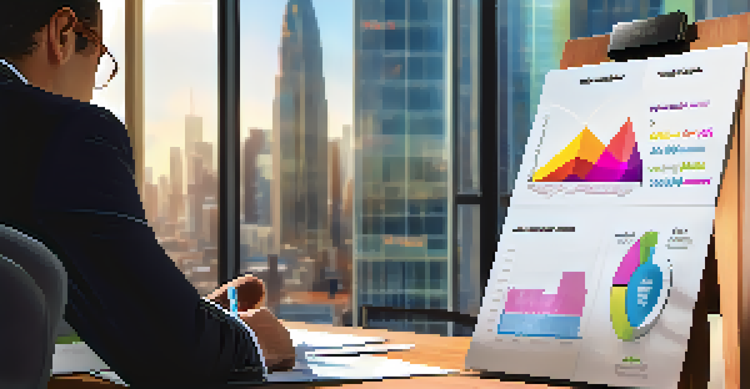 A close-up of a hand reviewing a colorful startup pitch deck in a conference room, with a city skyline in the background and soft lighting.