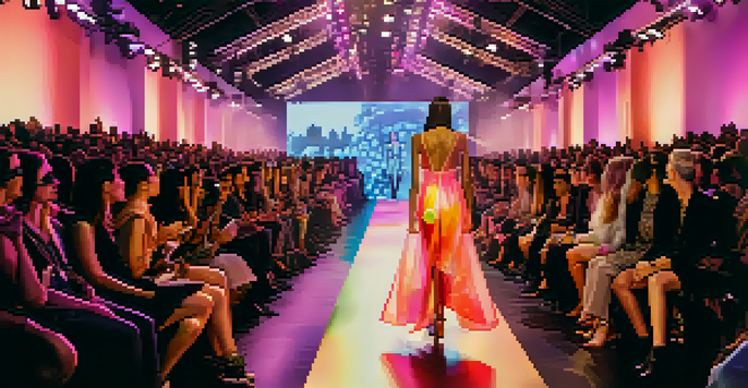A colorful runway scene at San Francisco Fashion Week with diverse models and an engaged audience.
