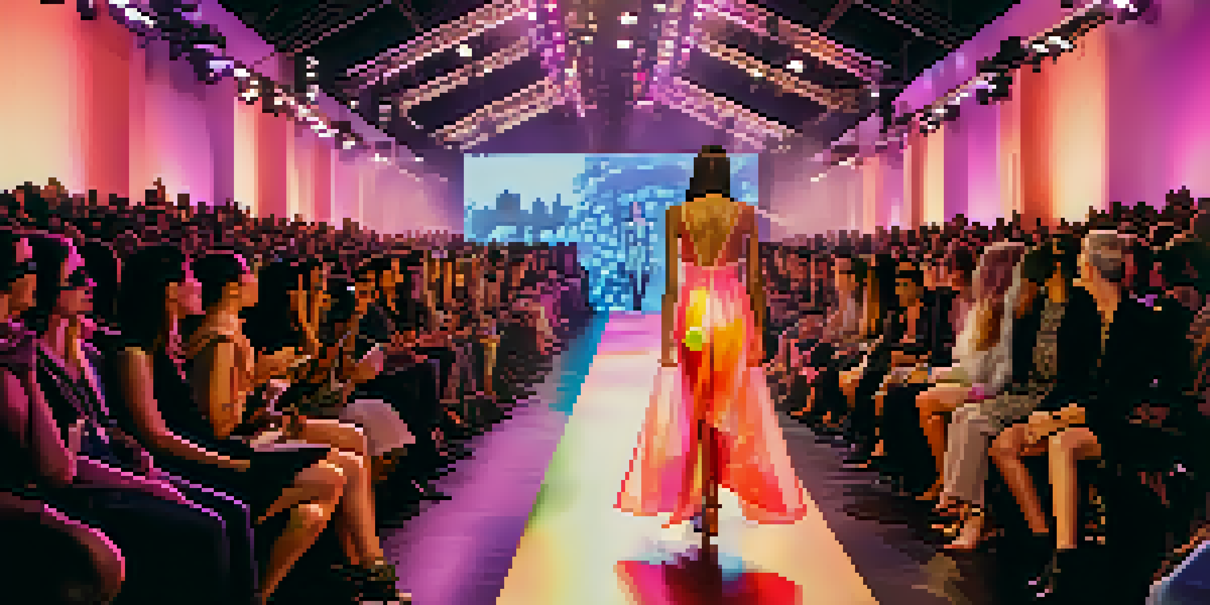A colorful runway scene at San Francisco Fashion Week with diverse models and an engaged audience.