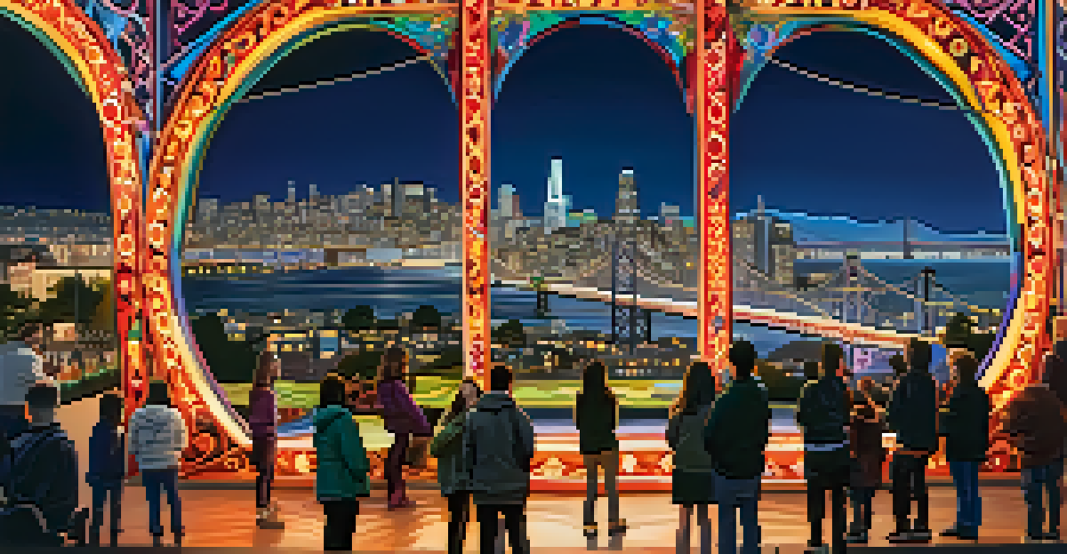 A panoramic view of a light sculpture at a San Francisco festival, with people interacting and city landmarks illuminated.