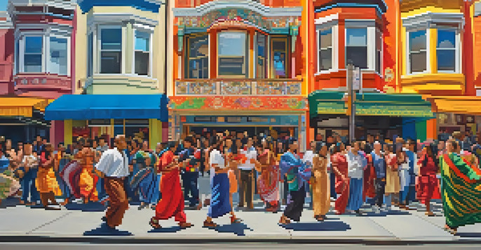 A colorful mural showing a diverse group of people celebrating their cultural heritage in San Francisco, with bright colors and intricate designs.