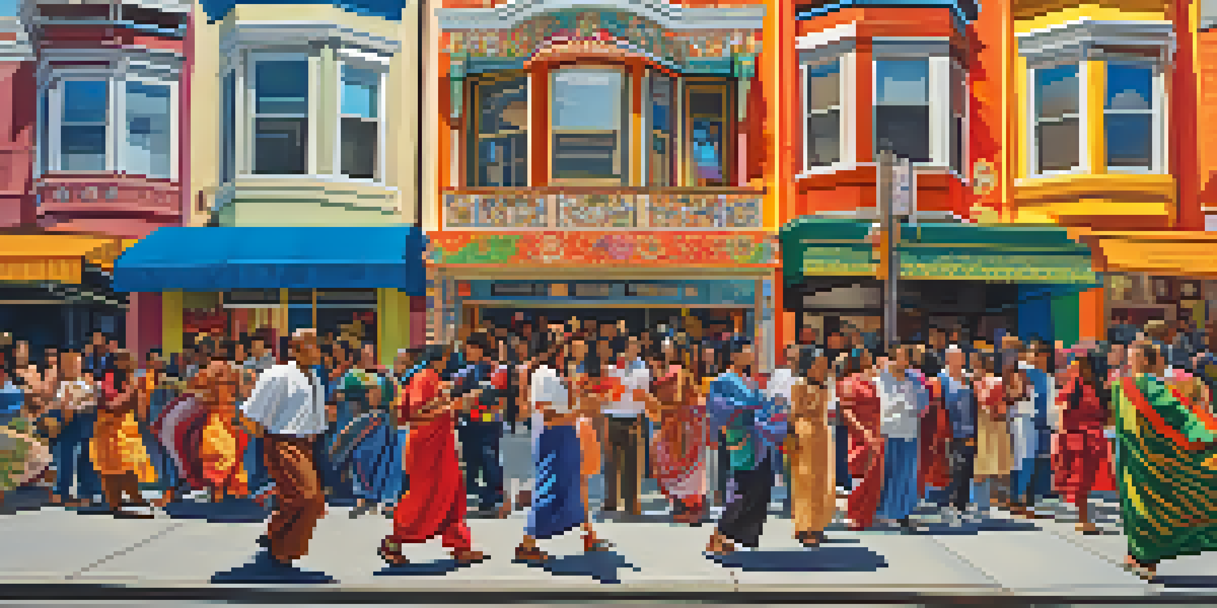 A colorful mural showing a diverse group of people celebrating their cultural heritage in San Francisco, with bright colors and intricate designs.