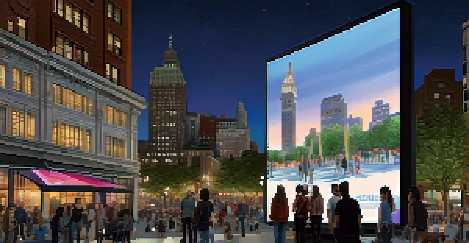An evening scene in a public square with glowing digital art installations, people interacting, and a city skyline at twilight.