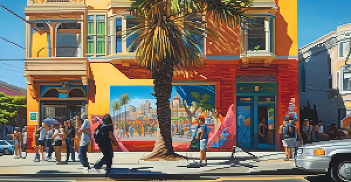 A lively street in the Mission District of San Francisco, filled with colorful murals and an artist at work, under warm sunlight.