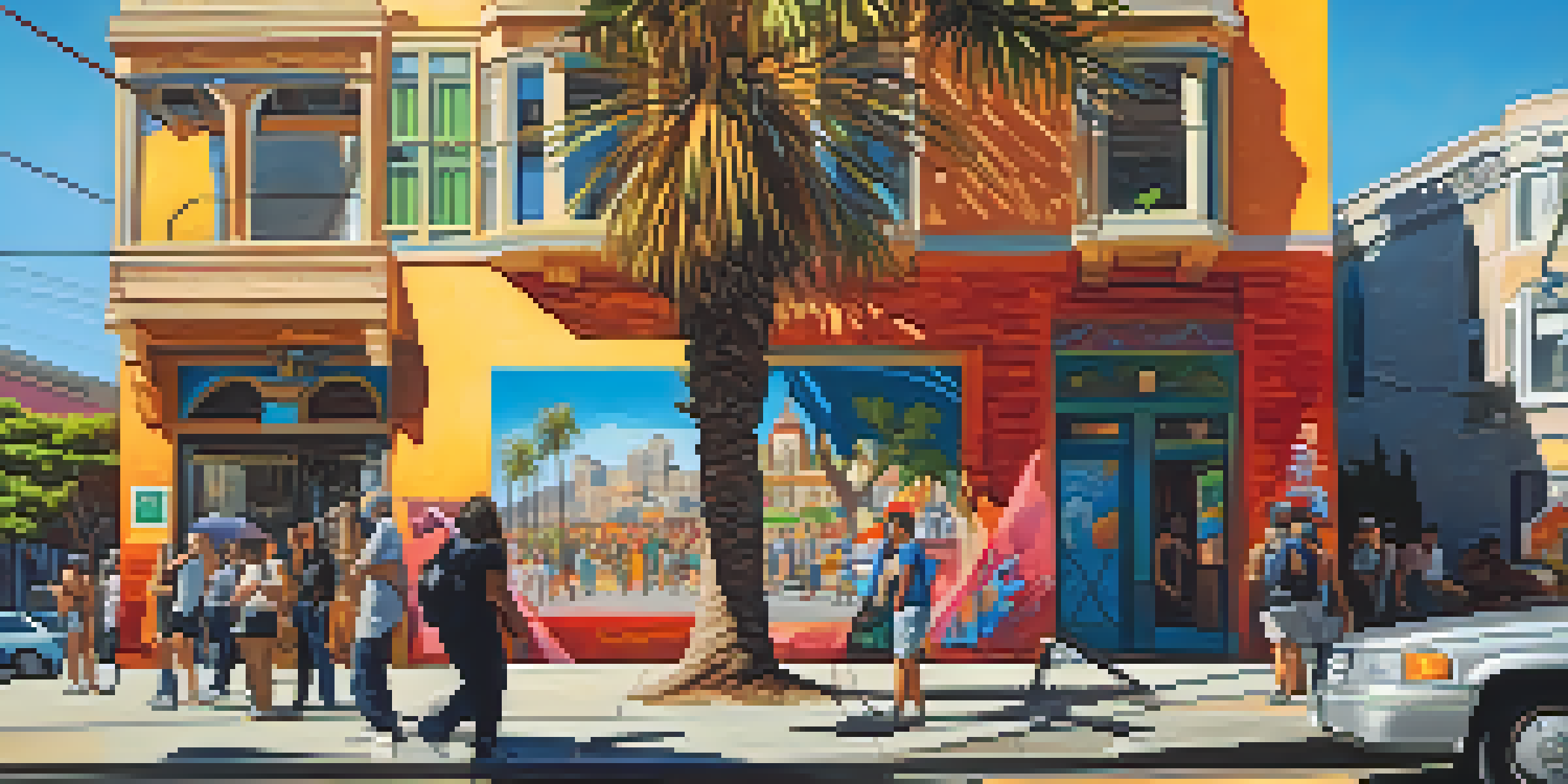 A lively street in the Mission District of San Francisco, filled with colorful murals and an artist at work, under warm sunlight.