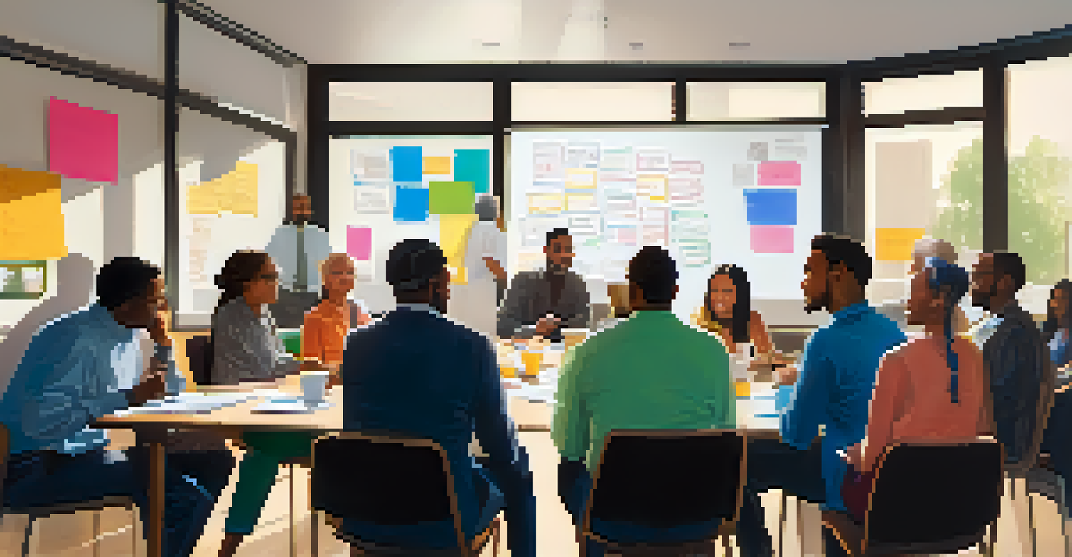 A diverse group of people engaged in a community meeting around a table with notes and a laptop, in a bright room.