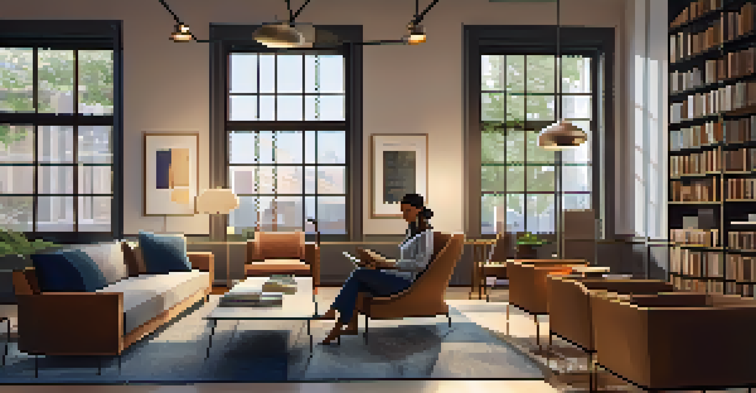 A cozy lounge area in a coworking space, with comfortable seating and soft lighting, where individuals are reading and working quietly.