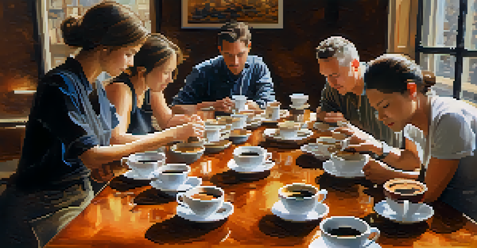 Participants engaged in a coffee cupping session, tasting and examining different coffee blends.