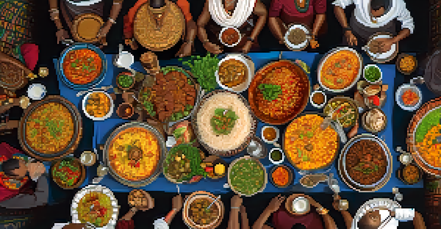 An overhead view of an Ethiopian communal dining experience with colorful dishes on a large platter.