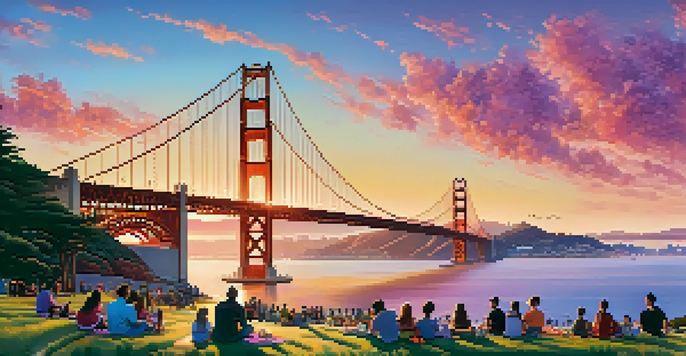 A sunset view of the San Francisco skyline with the Golden Gate Bridge, featuring a picnic scene with diverse people on a grassy hill.