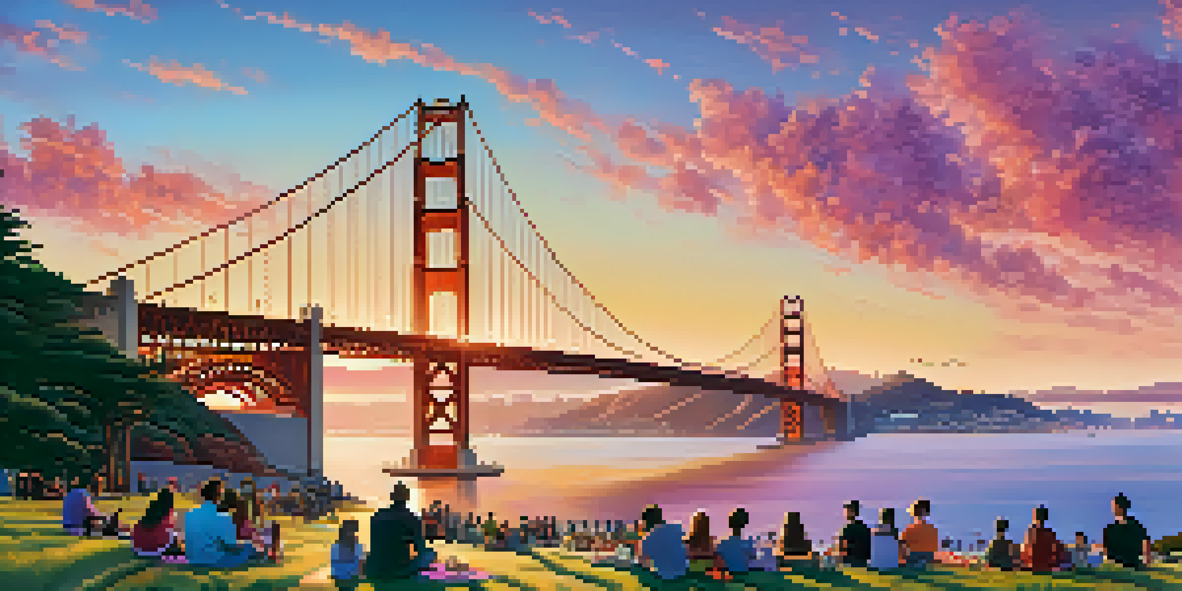 A sunset view of the San Francisco skyline with the Golden Gate Bridge, featuring a picnic scene with diverse people on a grassy hill.