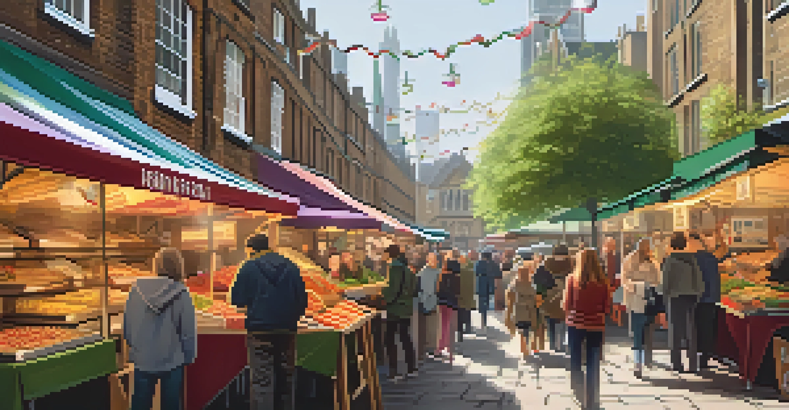 A vibrant scene of Borough Market with diverse food stalls, people enjoying street food, and colorful produce.