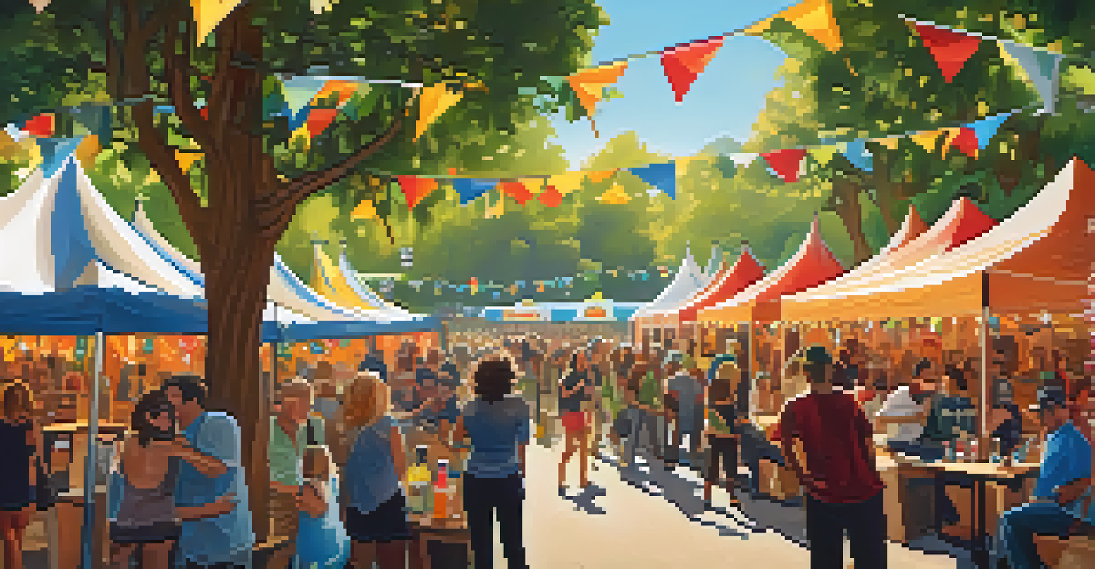 A vibrant outdoor craft beer festival in San Francisco with brewery tents, people socializing, and a live band performing under sunny skies.