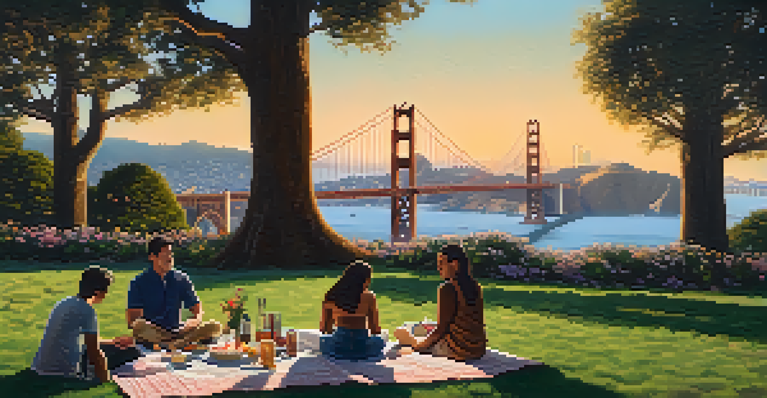 A picturesque park in San Francisco at sunset with friends having a picnic and the Golden Gate Bridge in the background.