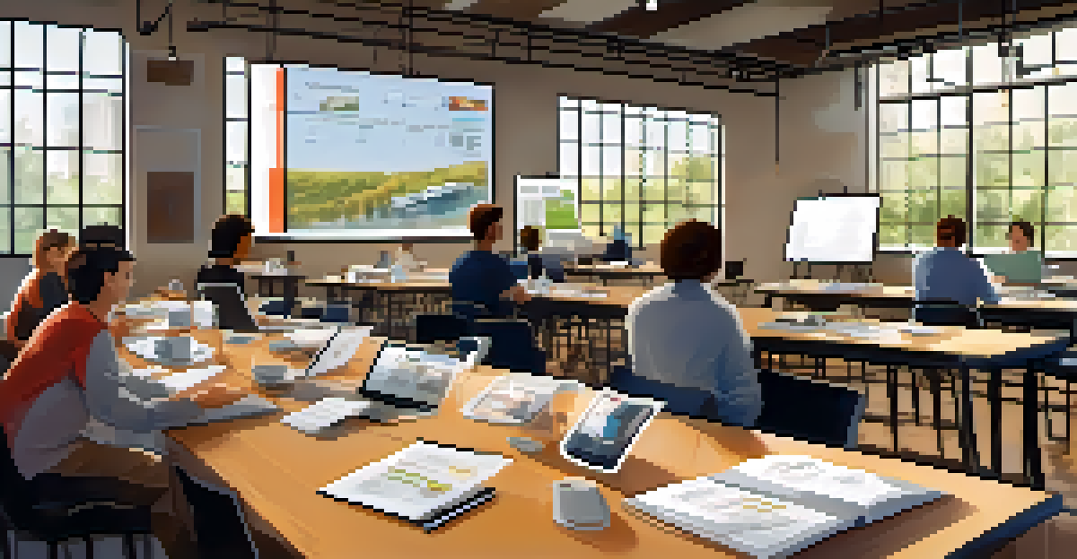 A workshop table at a tech conference with laptops and participants actively engaged in the session.
