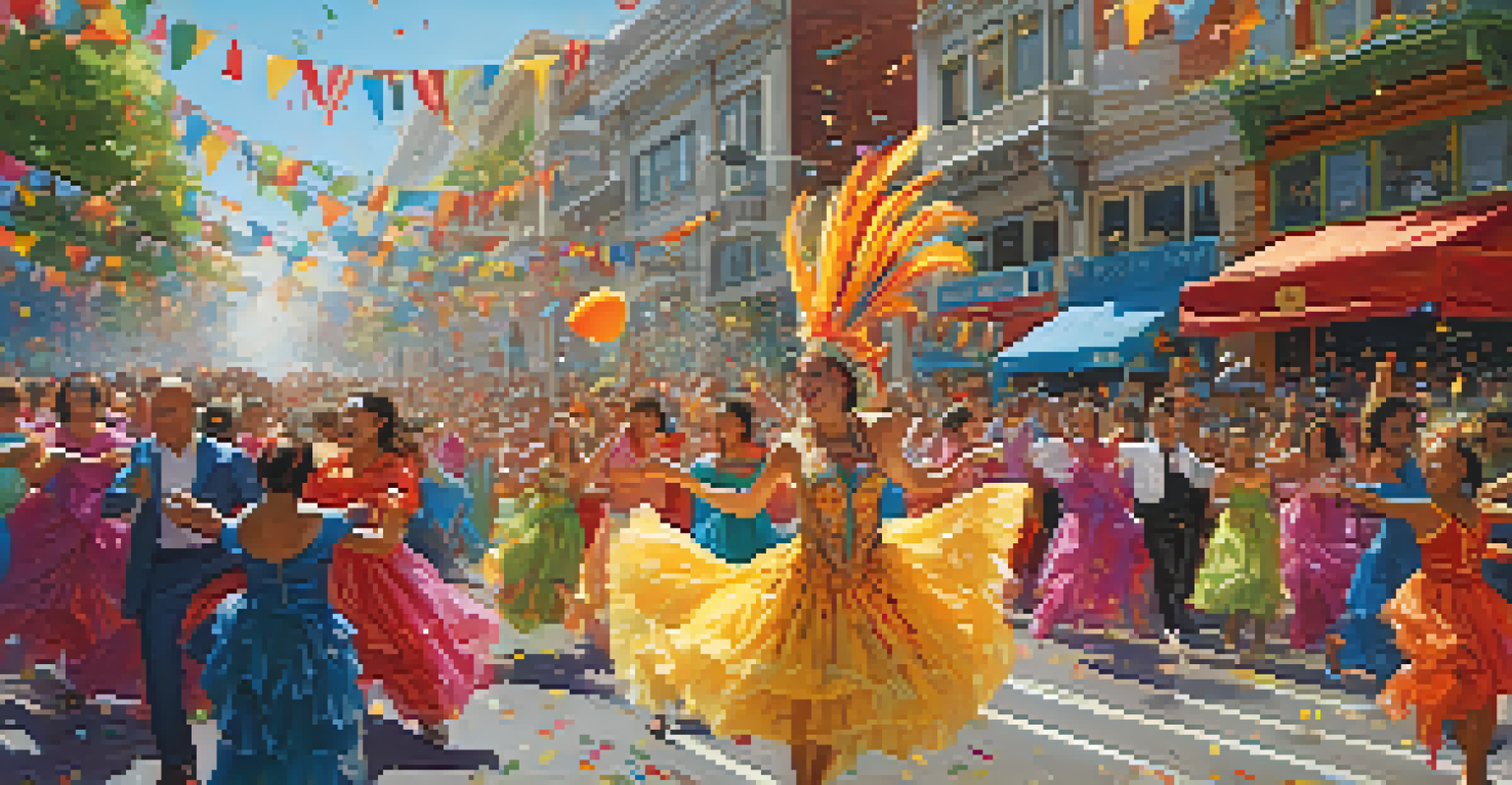 A festive parade scene from Carnaval San Francisco with dancers in colorful costumes and a vibrant crowd.