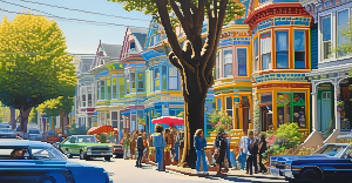 A lively street scene in the Haight-Ashbury district, featuring colorful Victorian homes and people in 1970s attire.
