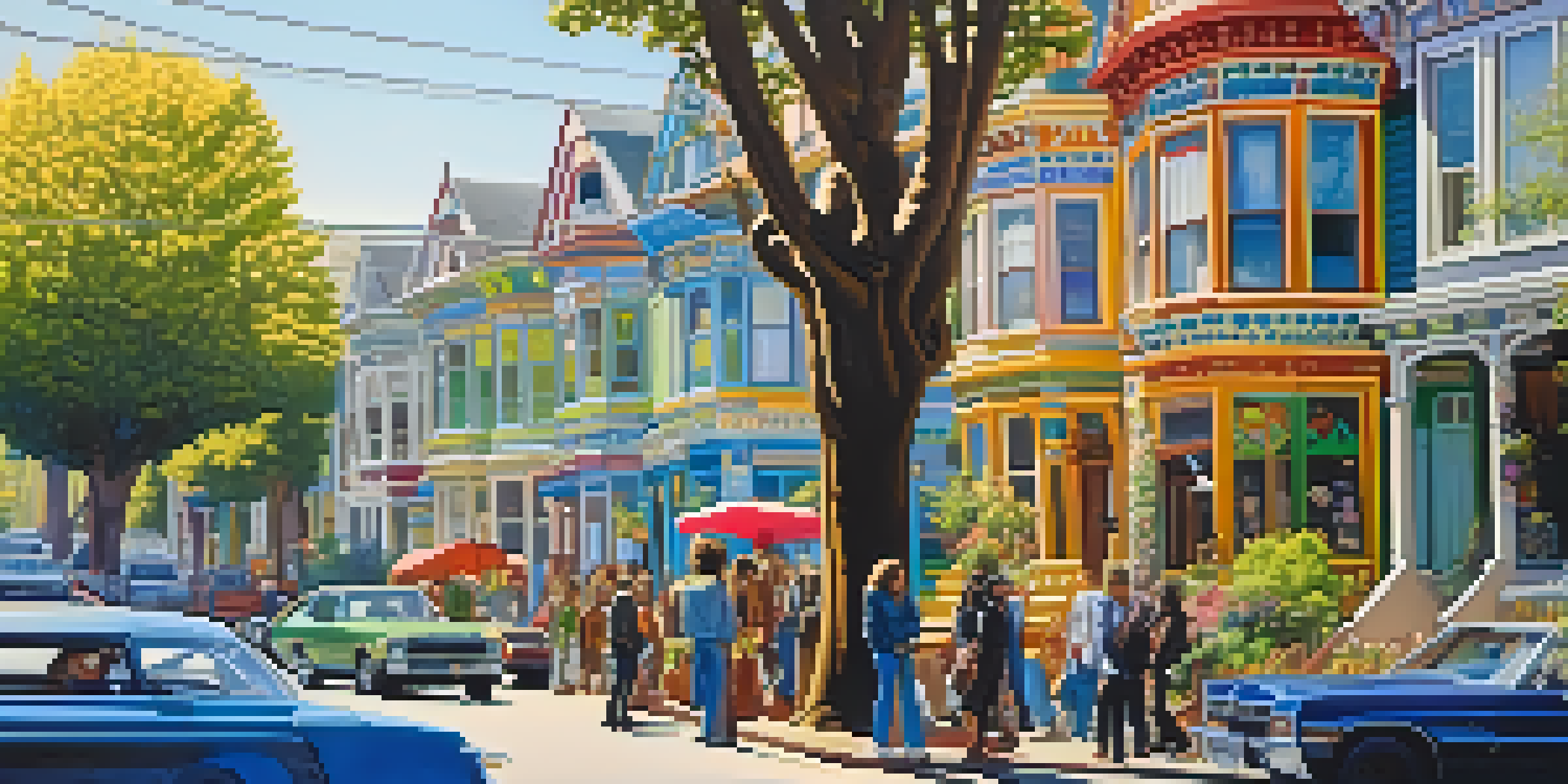 A lively street scene in the Haight-Ashbury district, featuring colorful Victorian homes and people in 1970s attire.