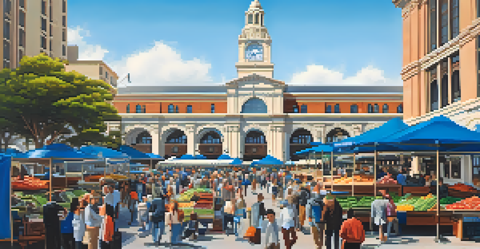 The Ferry Building Marketplace in San Francisco filled with people and local vendors, set against a beautiful blue sky and waterfront.