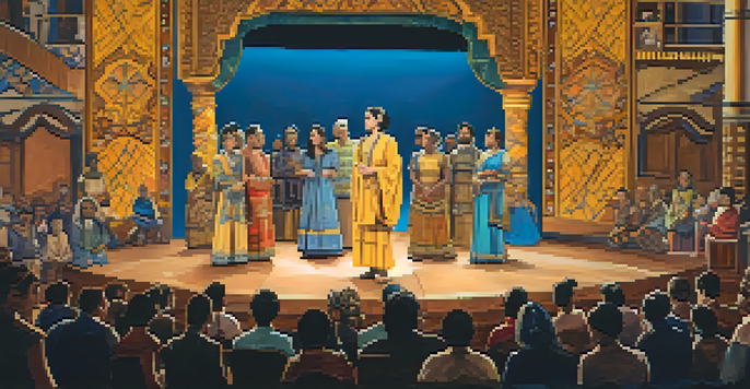 A community theater stage with actors performing a culturally diverse play, illuminated by warm lights, with an engaged audience.