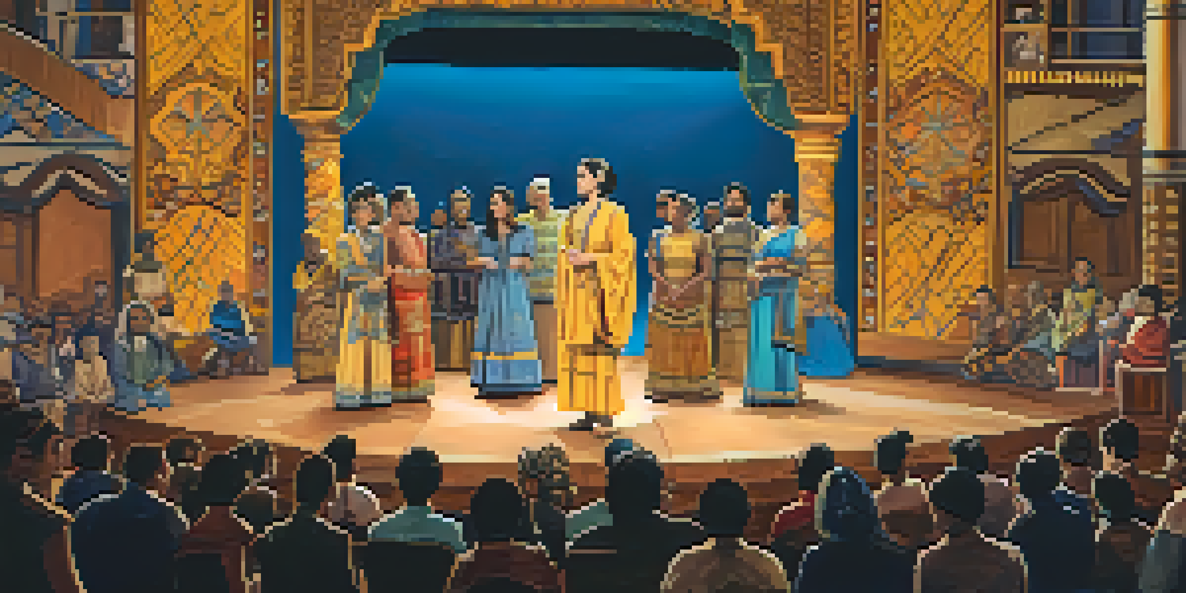 A community theater stage with actors performing a culturally diverse play, illuminated by warm lights, with an engaged audience.