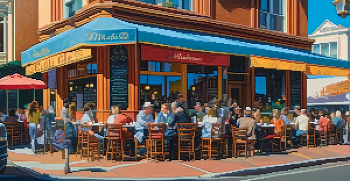 A lively café scene in North Beach, San Francisco, with artists and writers engaging in conversation, surrounded by colorful flowers and vintage architecture.