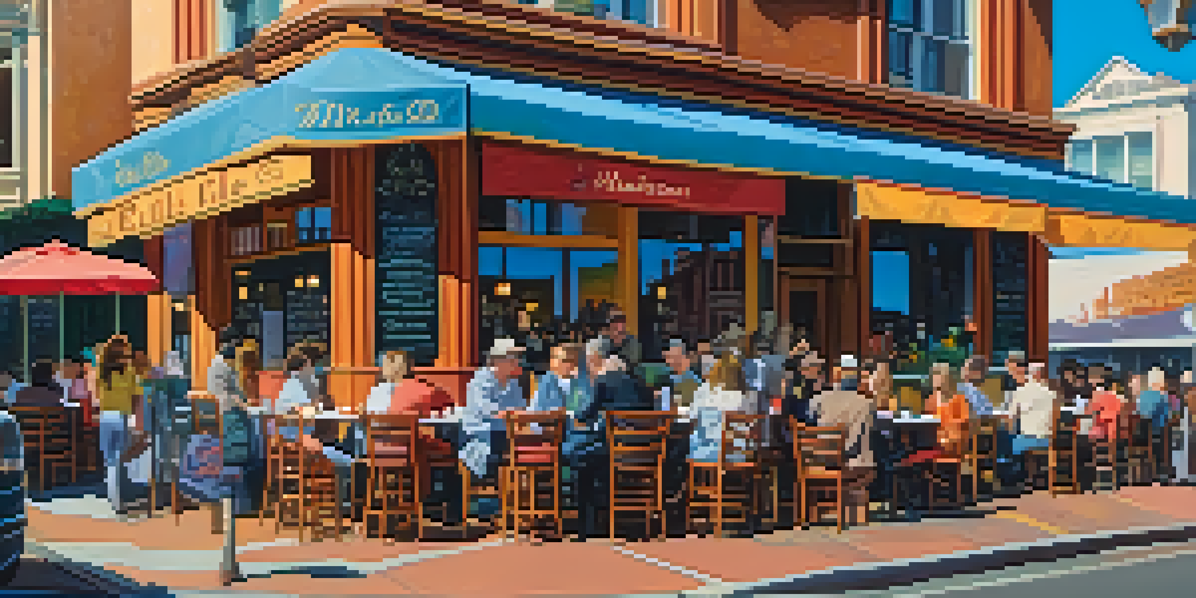 A lively café scene in North Beach, San Francisco, with artists and writers engaging in conversation, surrounded by colorful flowers and vintage architecture.